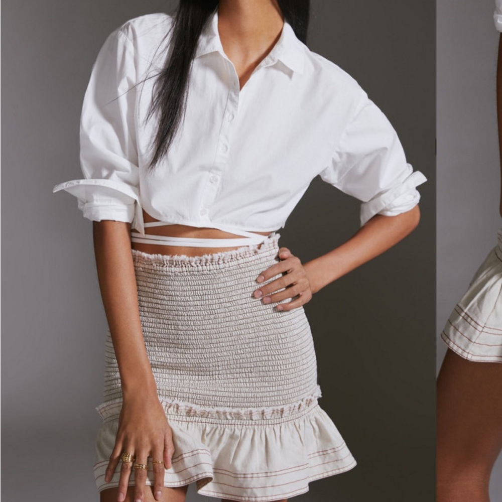 Anthropologie Pilcro Cream Smocked Ruffled Mini Skirt. XS